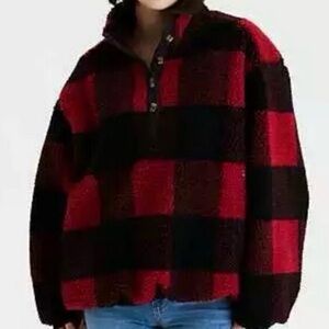 American Eagle Buffalo Red & Black Plaid Sherpa Oversized Pullover Size Smal